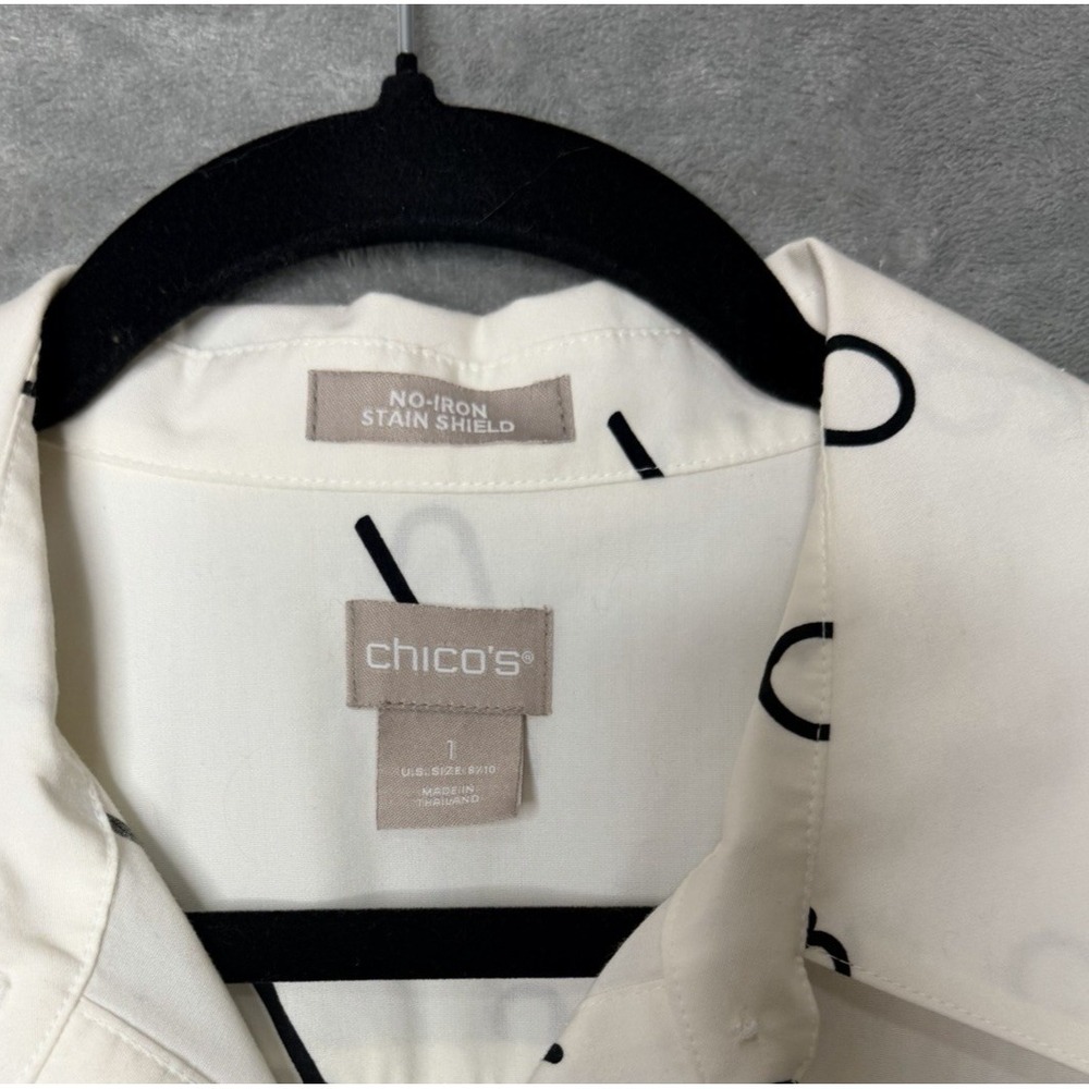 Chicos No-Iron White‎ Alphabet Print 3/4 Sleeve Cotton Blouse Size 1 Medium 8/10 - Picture 3 of 5
